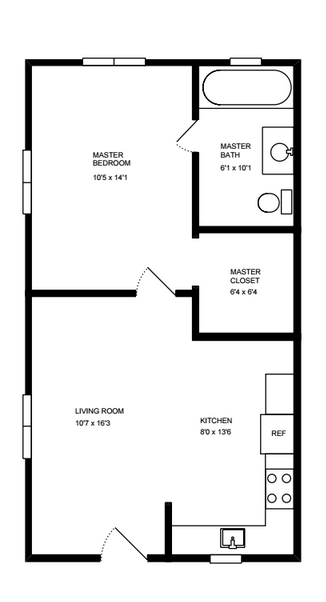 Floor plan for 1 bed, 1 bath, 550 sqft